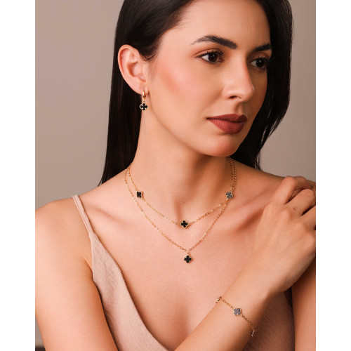 Pulseira Elos Trevos Tom Onix Banhado a Ouro 18K