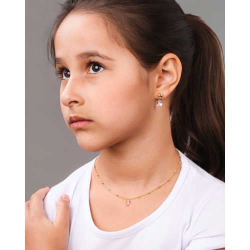 Brinco Infantil Bolinha Safira Rosa Oval Banhado a Ouro 18K