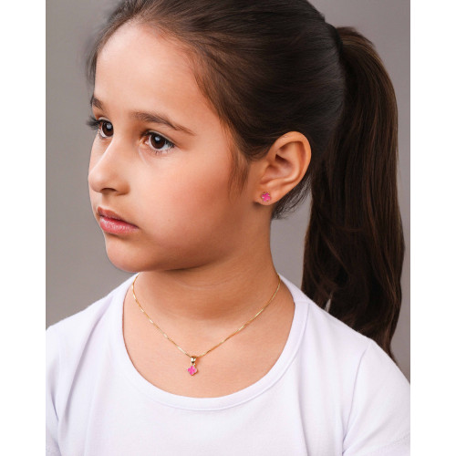Gargantilha Infantil Trevo Rosa 7 mm Banhado a Ouro 18K - 35 cm