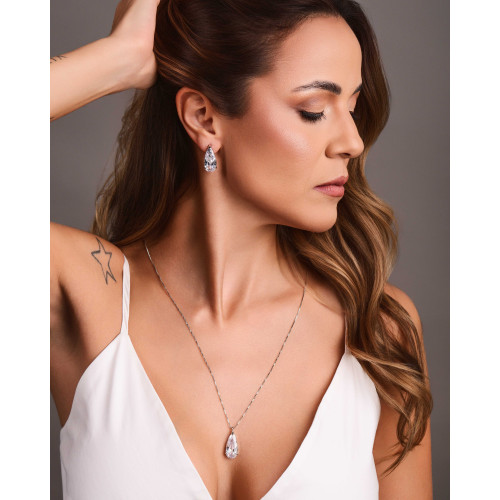 Gargantilha Longa Gota Cristal 2.6 cm Ródio Branco - 60 cm