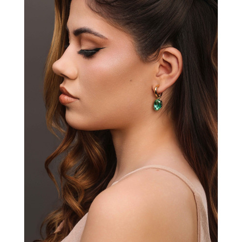 Brinco Argola Lisa Ponto de Luz Oval Turmalina 3.1 cm Banhado a Ouro 18K