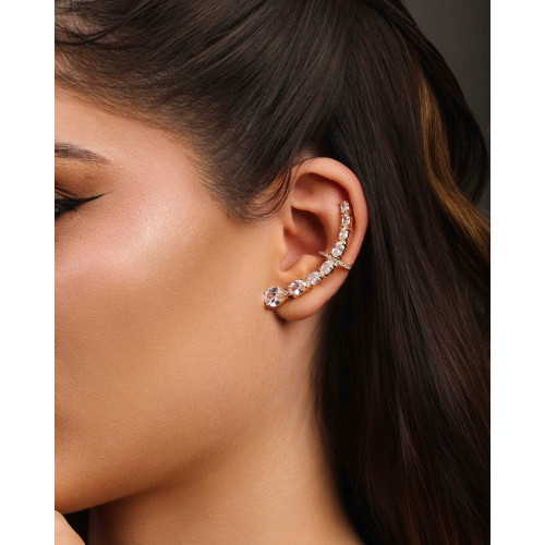 Ear Cuff Pontos de Luz Ovais Cravejado Cristal Banhado a Ouro 18K