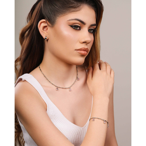 Pulseira Gomos Gotas Safira Rosa Ródio Branco