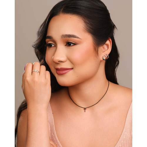 Anel Ajustável Cruz Cravejada e Lisa Tamanho P Ródio Branco