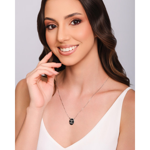 Escapulário Orai e Vigiai Coração Cravejado Cristal Ródio Branco - 70 cm