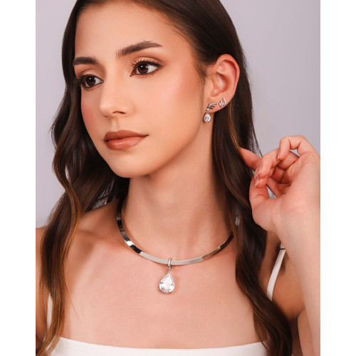 Pingente Gota Cravejada Cristal Ródio Branco