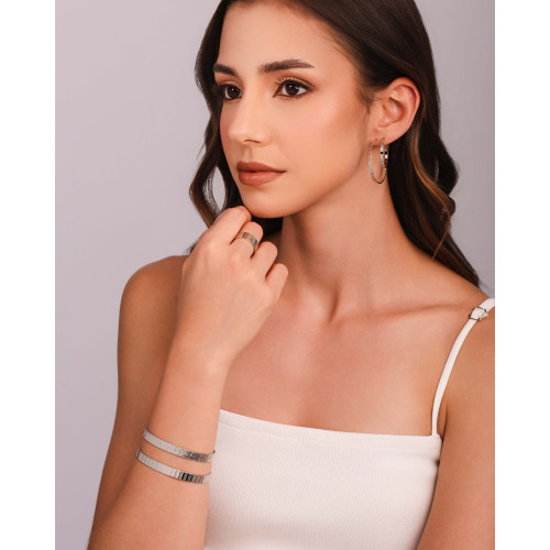 Brinco Argola Reta Esteira Texturizada 2.4 cm Ródio Branco