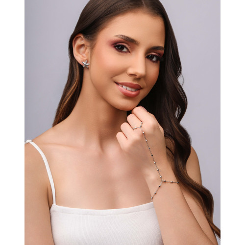 Pulseira Hand Chain Elos Bolinhas 3 mm Ródio Branco