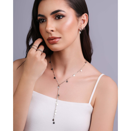 Brinco Argola Click Estrelas Cravejadas Cristal 1.9 cm Ródio Branco