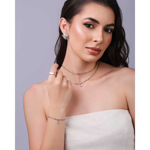 Pulseira Elos Ponto de Luz Quadrado Cristal Ródio Branco