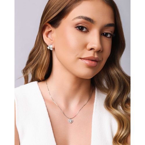 Brinco Três Corações Cravejados Cristal Ródio Branco