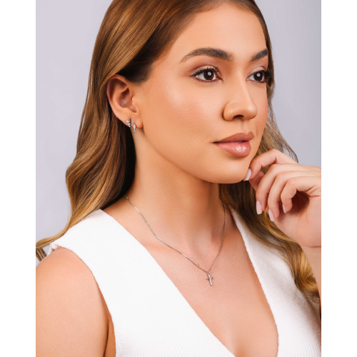 Brinco Argola Click Cravejada Cristal 1.0 cm Ródio Branco