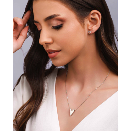 Gargantilha Veneziana Coração Liso Ponto de Luz Cristal Ródio Branco - 45 cm