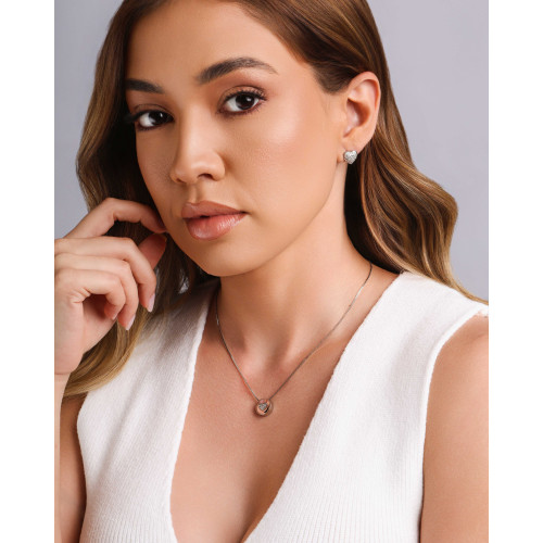 Brinco Coração Cravejado Cristal 1.0 cm Ródio Branco