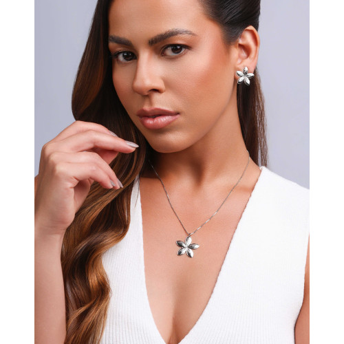 Gargantilha Veneziana Flor 2.0 cm Ródio Branco - 45 cm