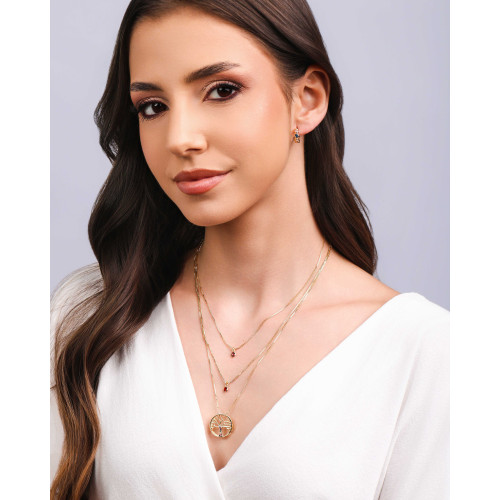 Gargantilha Dupla Árvore da Vida e Ponto de Luz Rubi Banhado a Ouro 18K