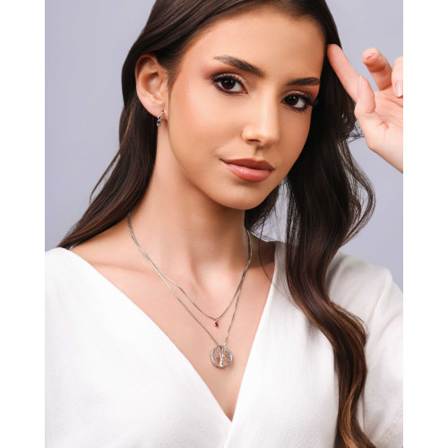 Gargantilha Dupla Árvore da Vida e Ponto de Luz Rubi Ródio Branco