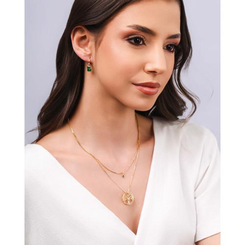 Gargantilha Dupla Árvore da Vida e Ponto de Luz Esmeralda Banhado a Ouro 18K