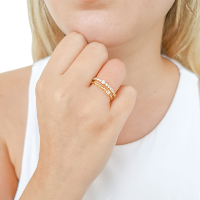 Anel Dois Filetes Pipoca Cravejado e Pontos de Luz Cristal Tamanho 20 Banhado a Ouro 18K