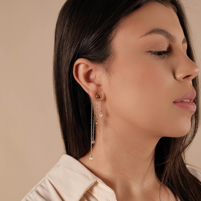 Ear Jacket Redondo Liso Franjas Pontos de Luz Cristal Banhado a Ouro 18K