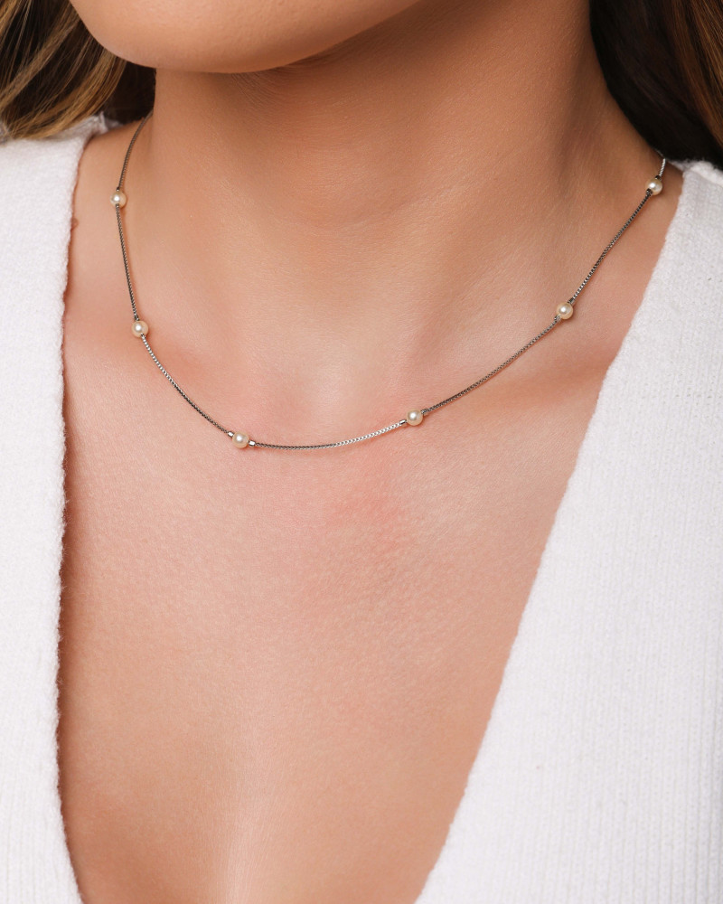 Gargantilha Veneziana com Pérolas 4 MM Ródio Branco