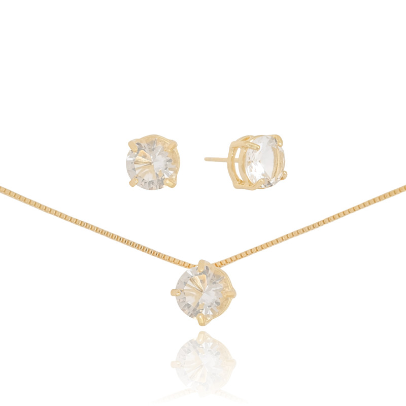 Conjunto Ponto de Luz Cristal Banhado a Ouro 18K