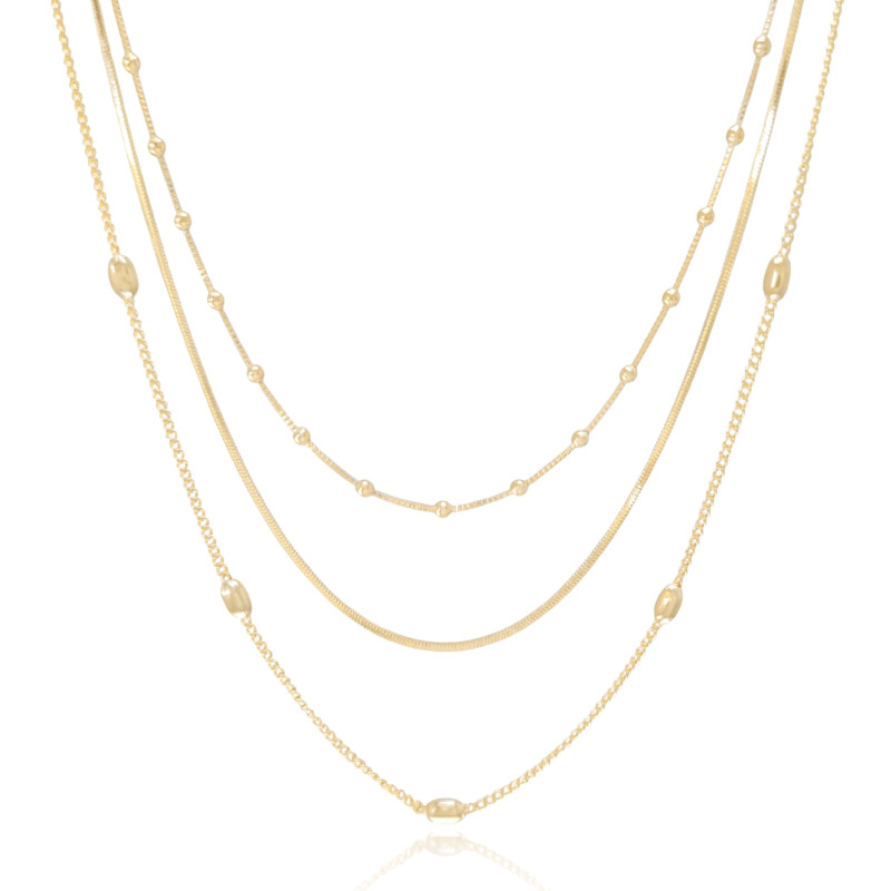 Gargantilha Tripla Bolinhas e Rabo de Rato Banhado a Ouro 18K