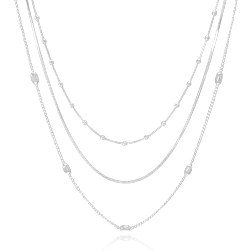 Gargantilha Tripla Bolinhas e Rabo de Rato Ródio Branco