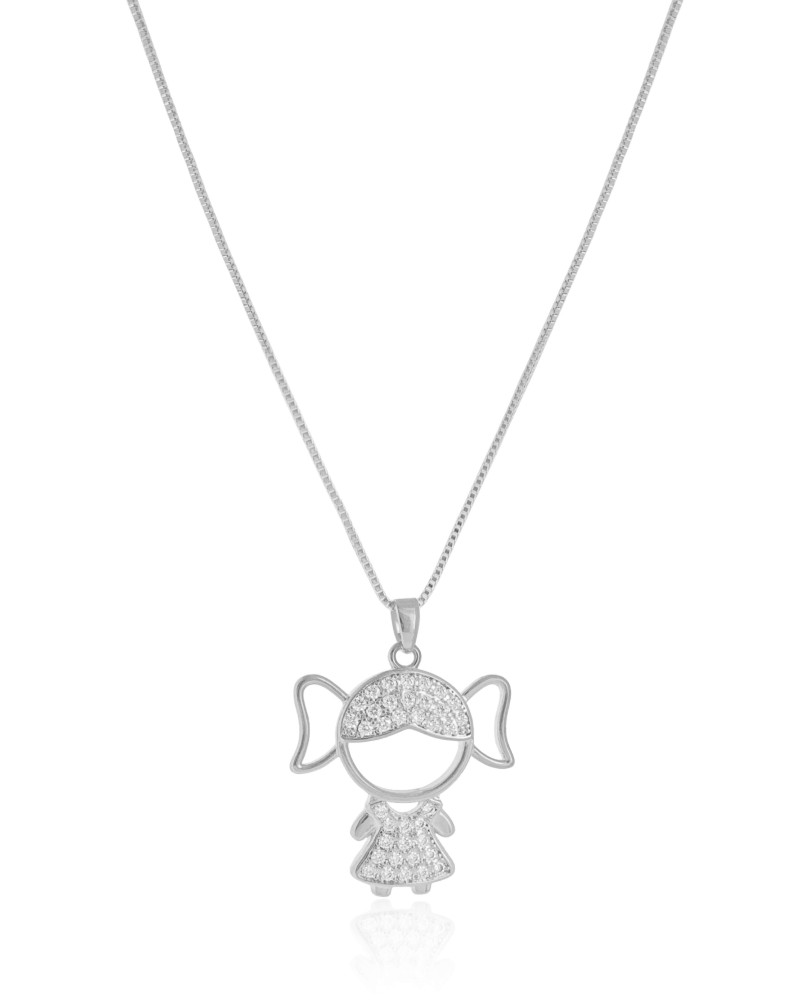 Gargantilha Filho Menina Cravejado Cristal Ródio Branco - 45 cm