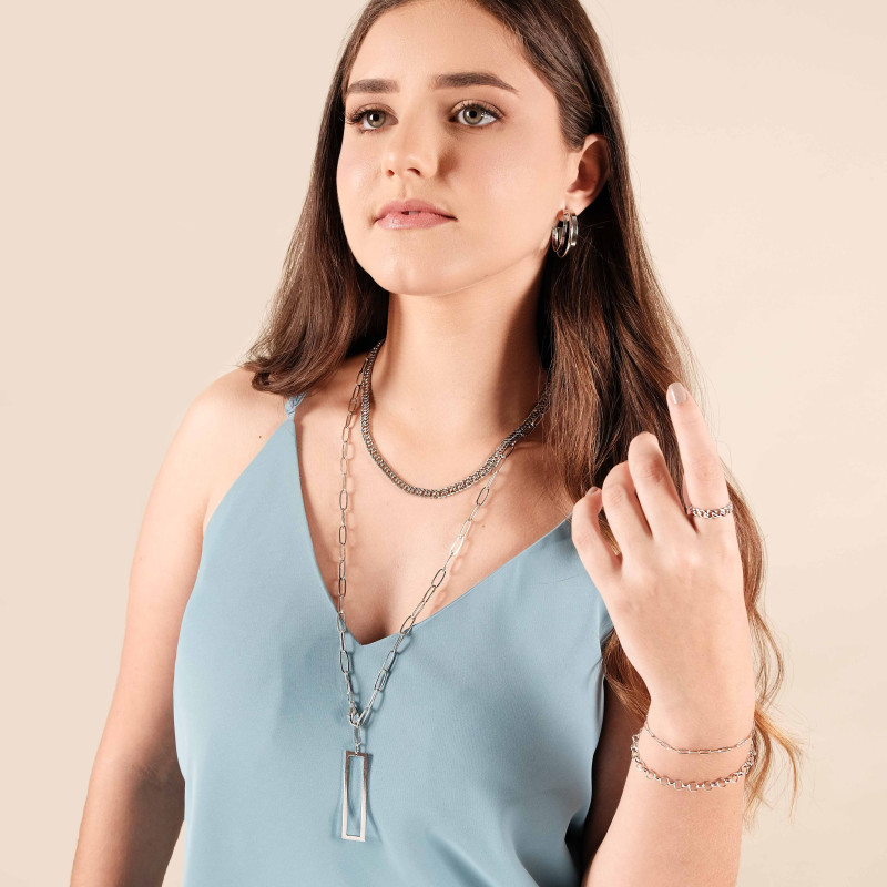 Gargantilha Longa Elos Pingente Retangular Vazado Ródio Branco