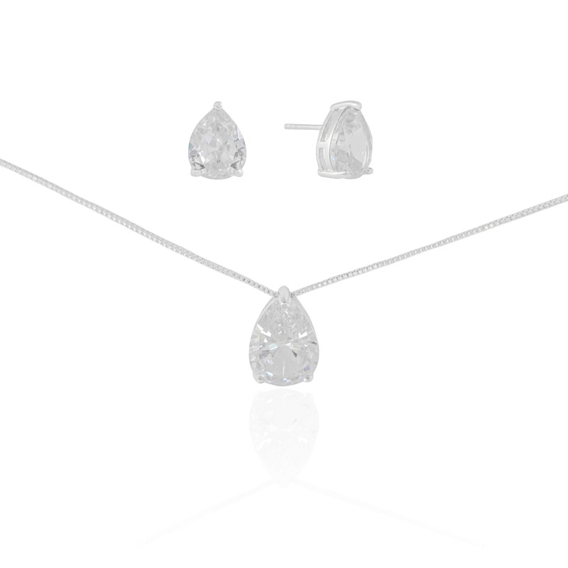 Conjunto Gota Cristal Ródio Branco