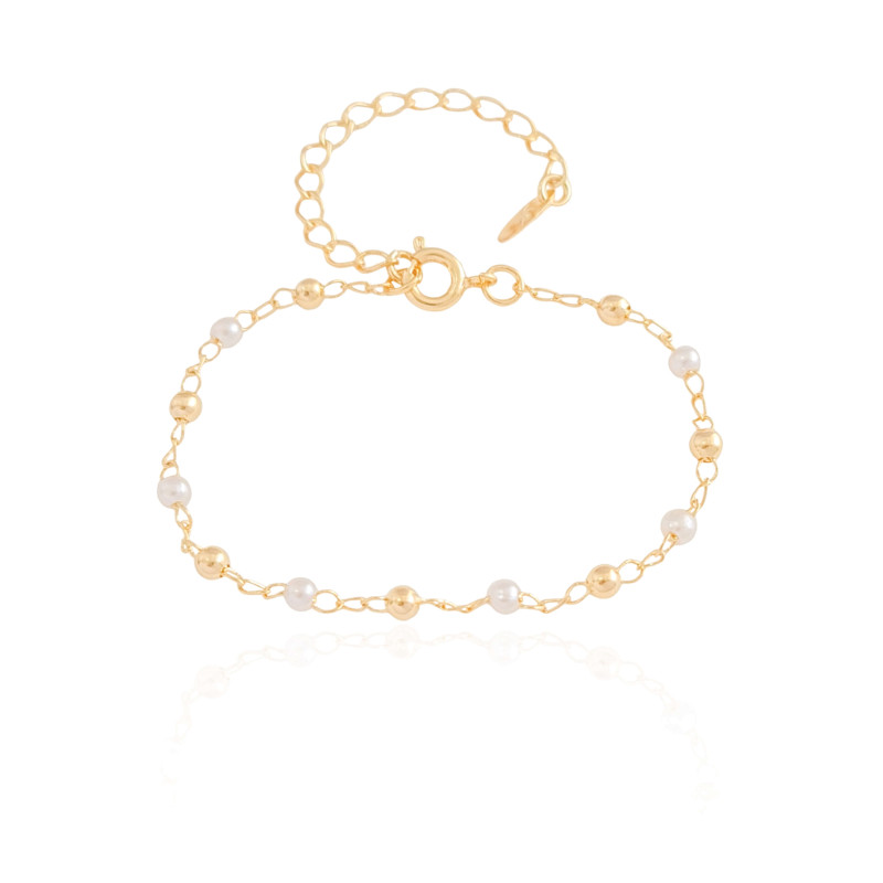 Pulseira Infantil Pérola e Bolinhas Banhado a Ouro 18K