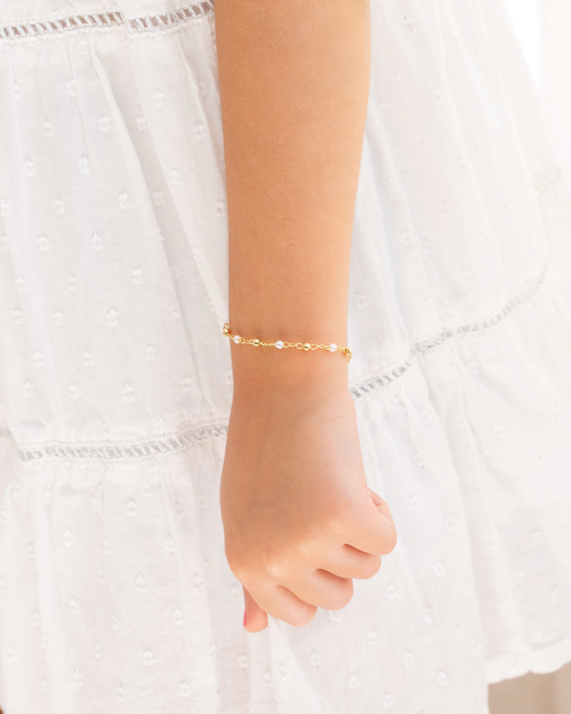 Pulseira Infantil Pérola e Bolinhas Banhado a Ouro 18K