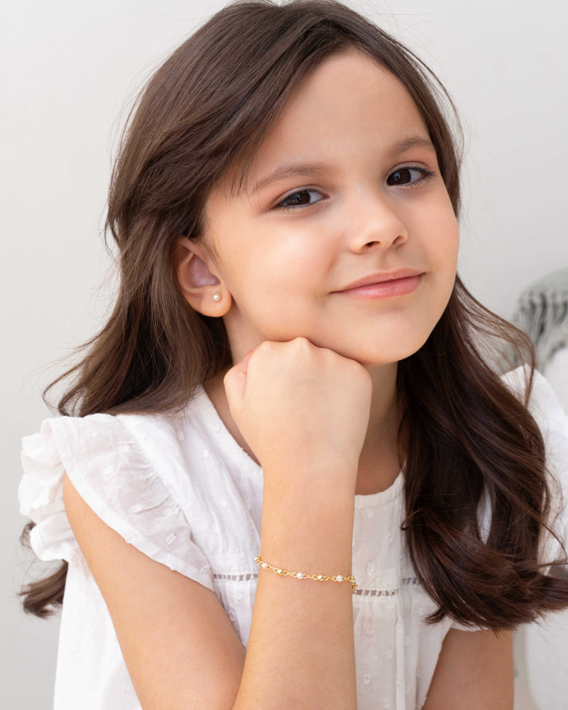 Pulseira Infantil Pérola e Bolinhas Banhado a Ouro 18K
