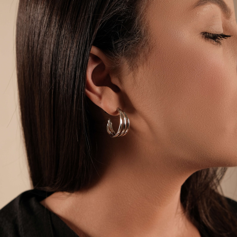 Brinco Argola Três Filetes Lisos 2.2 cm Ródio Branco