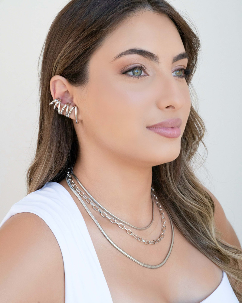 Ear Cuff Duplo 7 Filetes Liso Pressão Ródio Branco