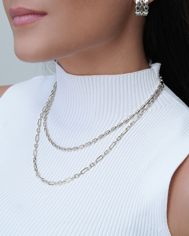 Gargantilha Dupla Elos Canutilhos Ovais com Detalhes Ródio Branco