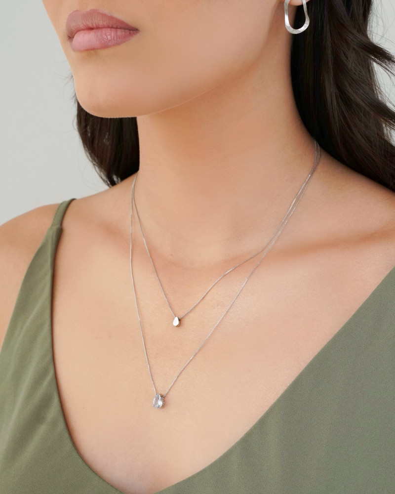 Gargantilha Dupla Veneziana Gota Lisa Cristal Ródio Branco