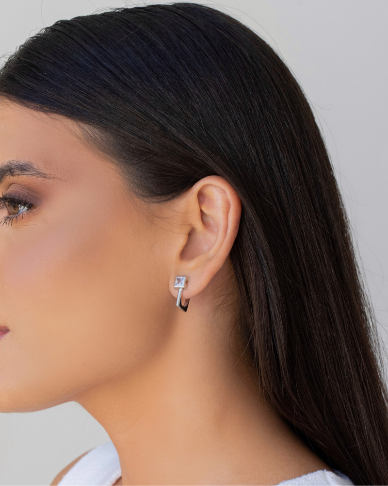 Brinco Argola Quadrado Cristal 1.6 cm Ródio Branco