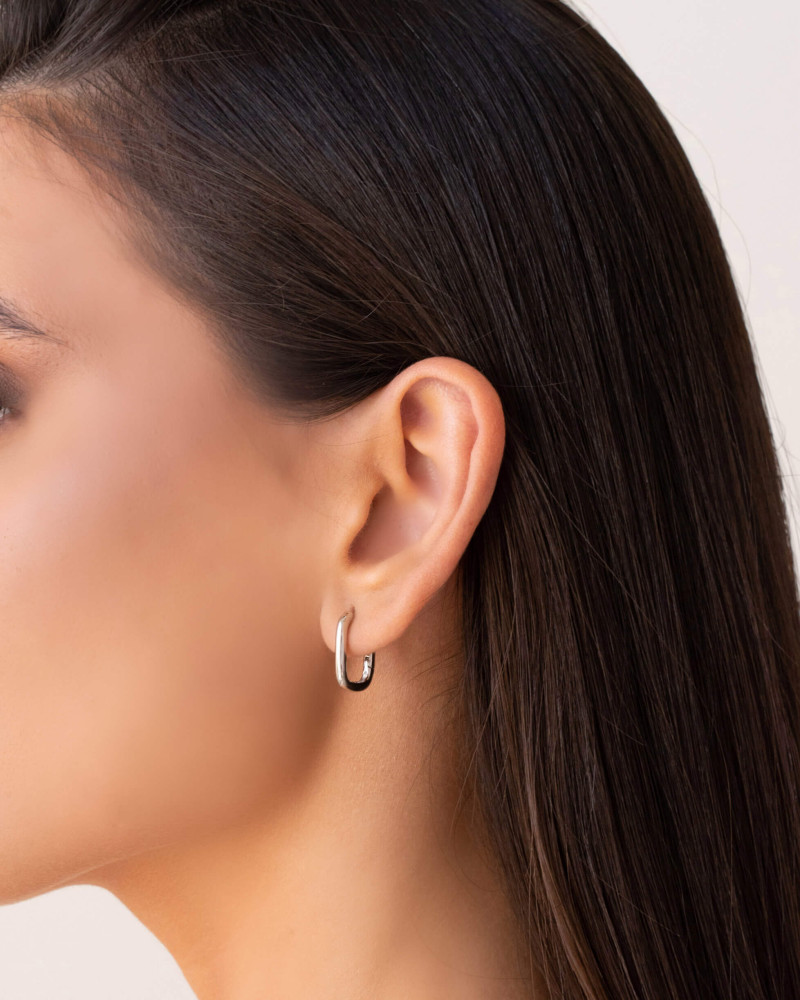 Brinco Argola Click Retangular Lisa 1.7 cm Ródio Branco