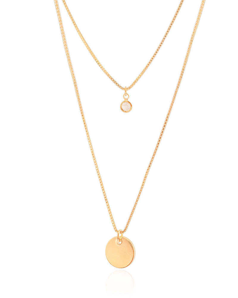 Gargantilha Dupla Redondo e Ponto de Luz Cristal Banhado a Ouro 18K