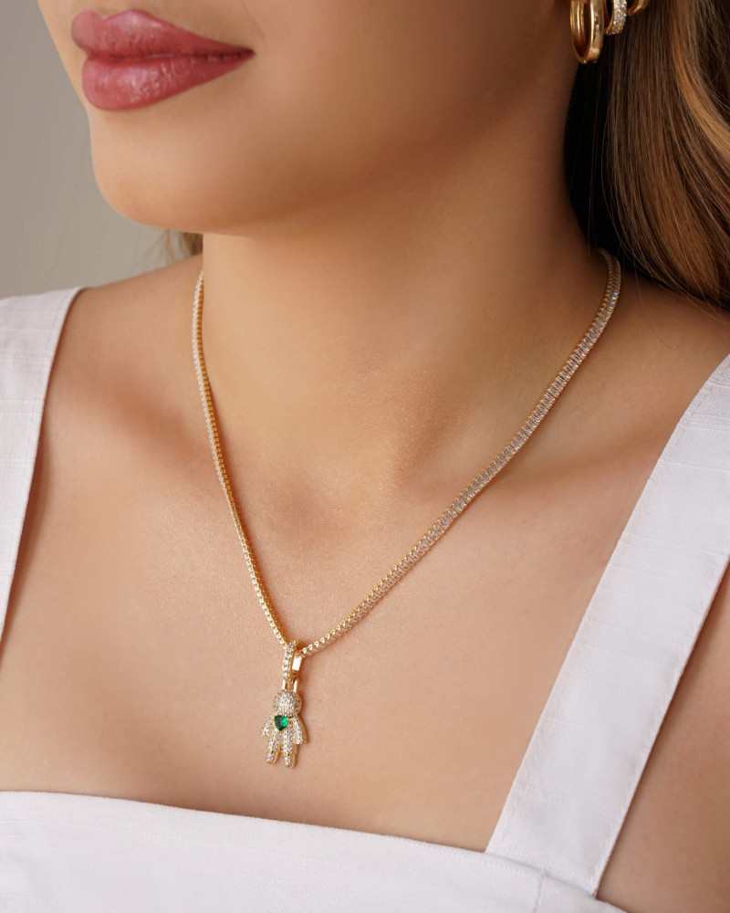 Pingente Filho Menino Cristal Coração Esmeralda 3.4 cm Banhado a Ouro 18K