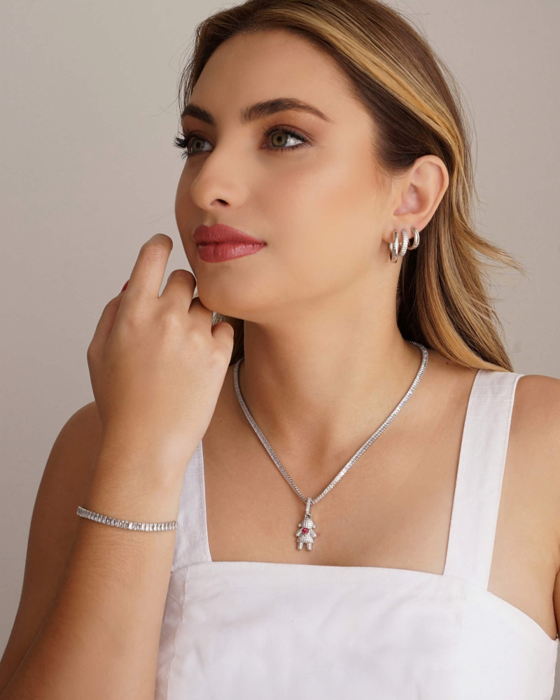 Pingente Filho Menina Cristal Coração Rubi 3.4 cm Ródio Branco