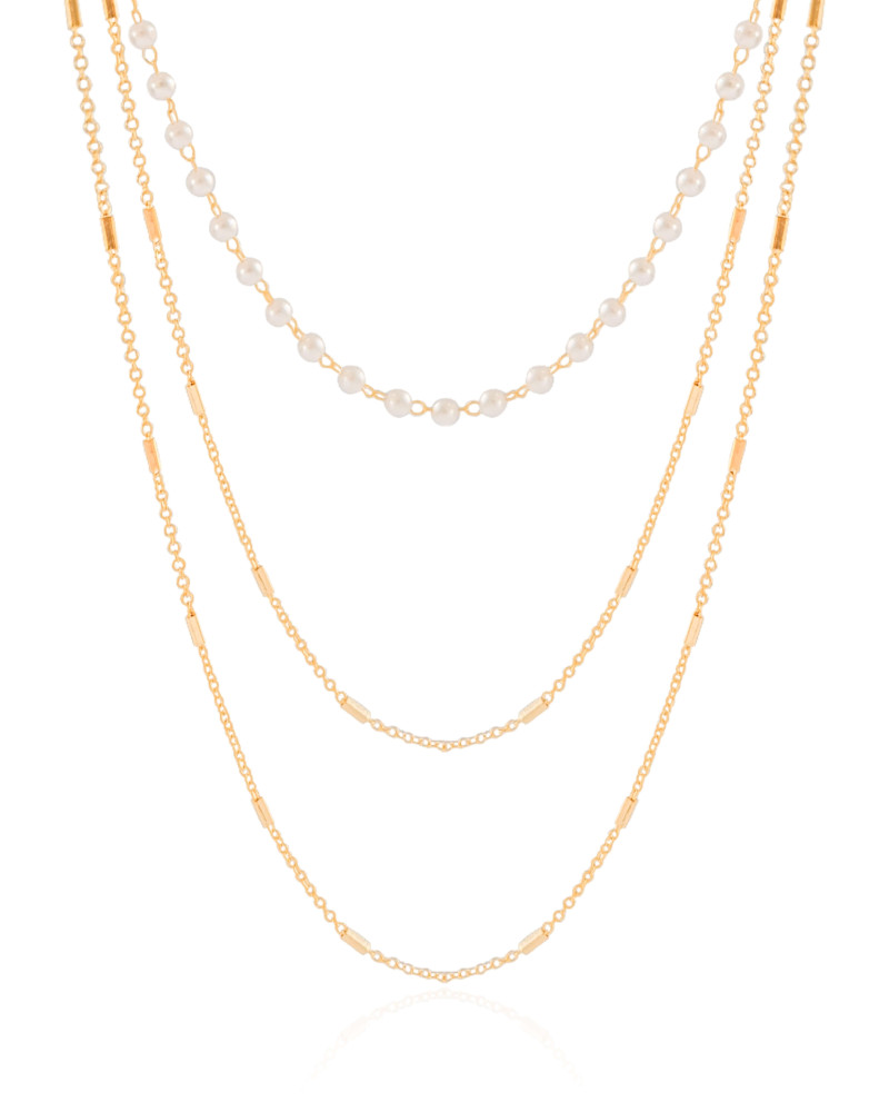 Gargantilha Tripla Pérolas Canutilhos Banhado a Ouro 18K