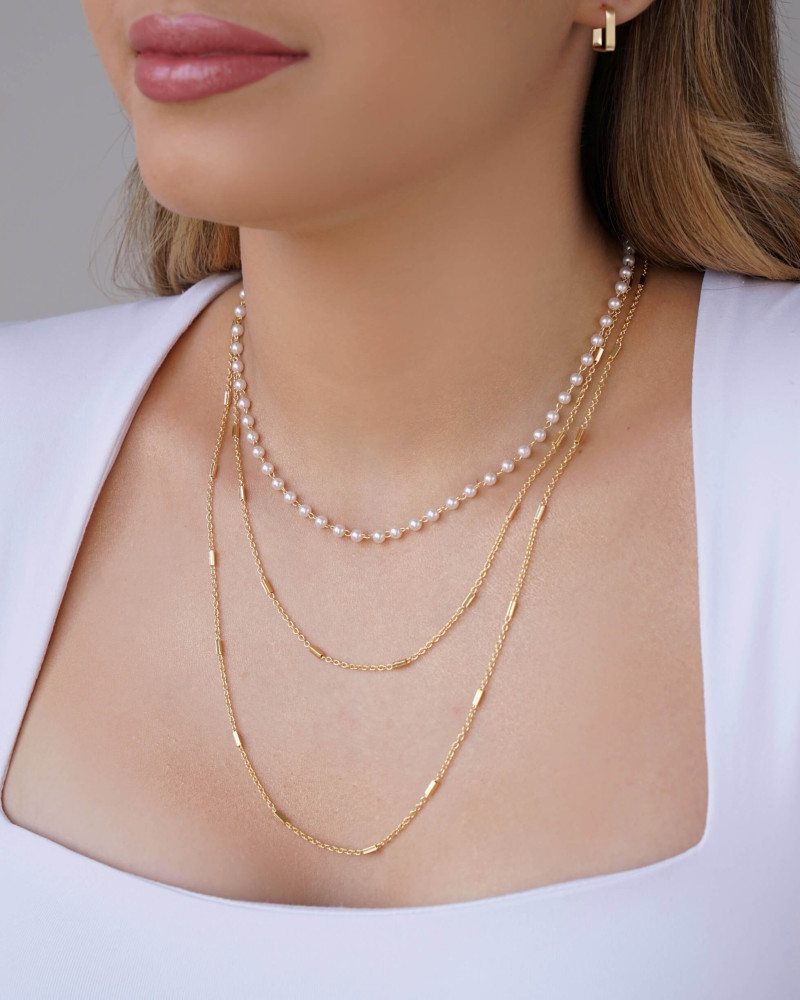 Gargantilha Tripla Pérolas Canutilhos Banhado a Ouro 18K