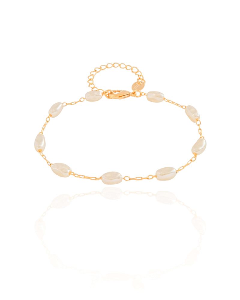 Pulseira Elos Pérolas Ovais 4 mm Banhado a Ouro 18K