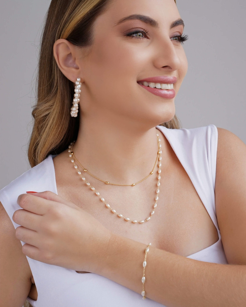 Pulseira Elos Pérolas Ovais 4 mm Banhado a Ouro 18K