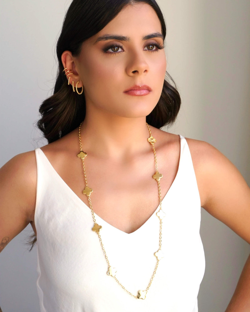 Gargantilha Longa Trevos Riscados Banhado a Ouro 18K - 80 cm