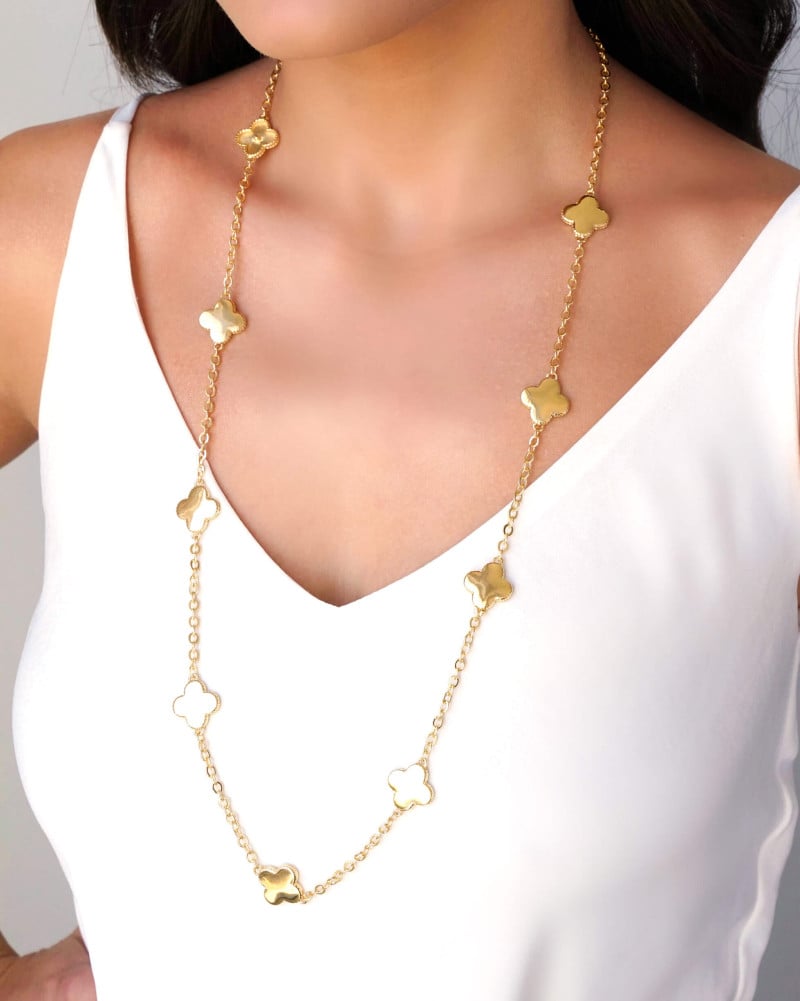 Gargantilha Longa Trevos Riscados Banhado a Ouro 18K - 80 cm