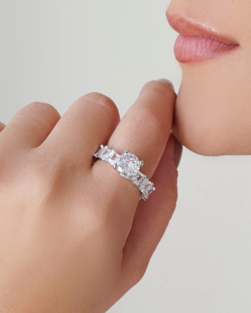 Anel Carré Ponto de Luz Cristal Tamanho 23 Ródio Branco